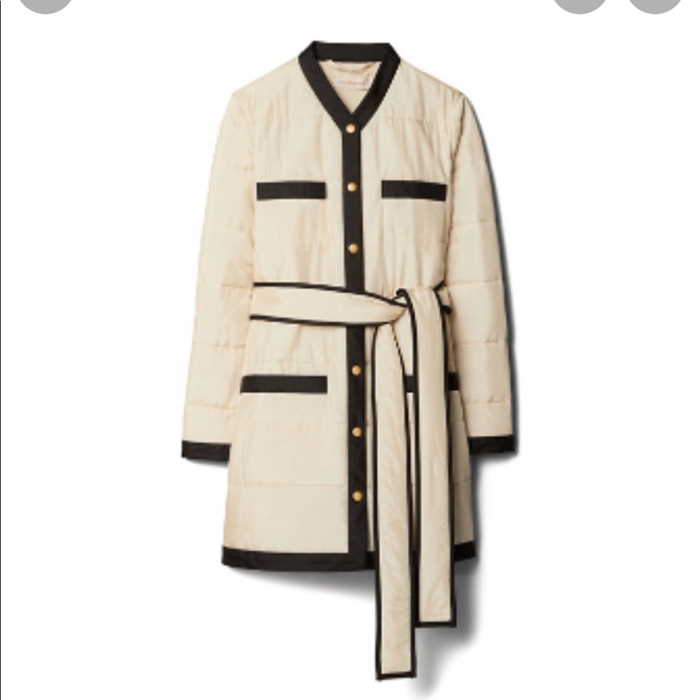 XS Tory Burch Quilted Long Jacket in Light Pale Stone